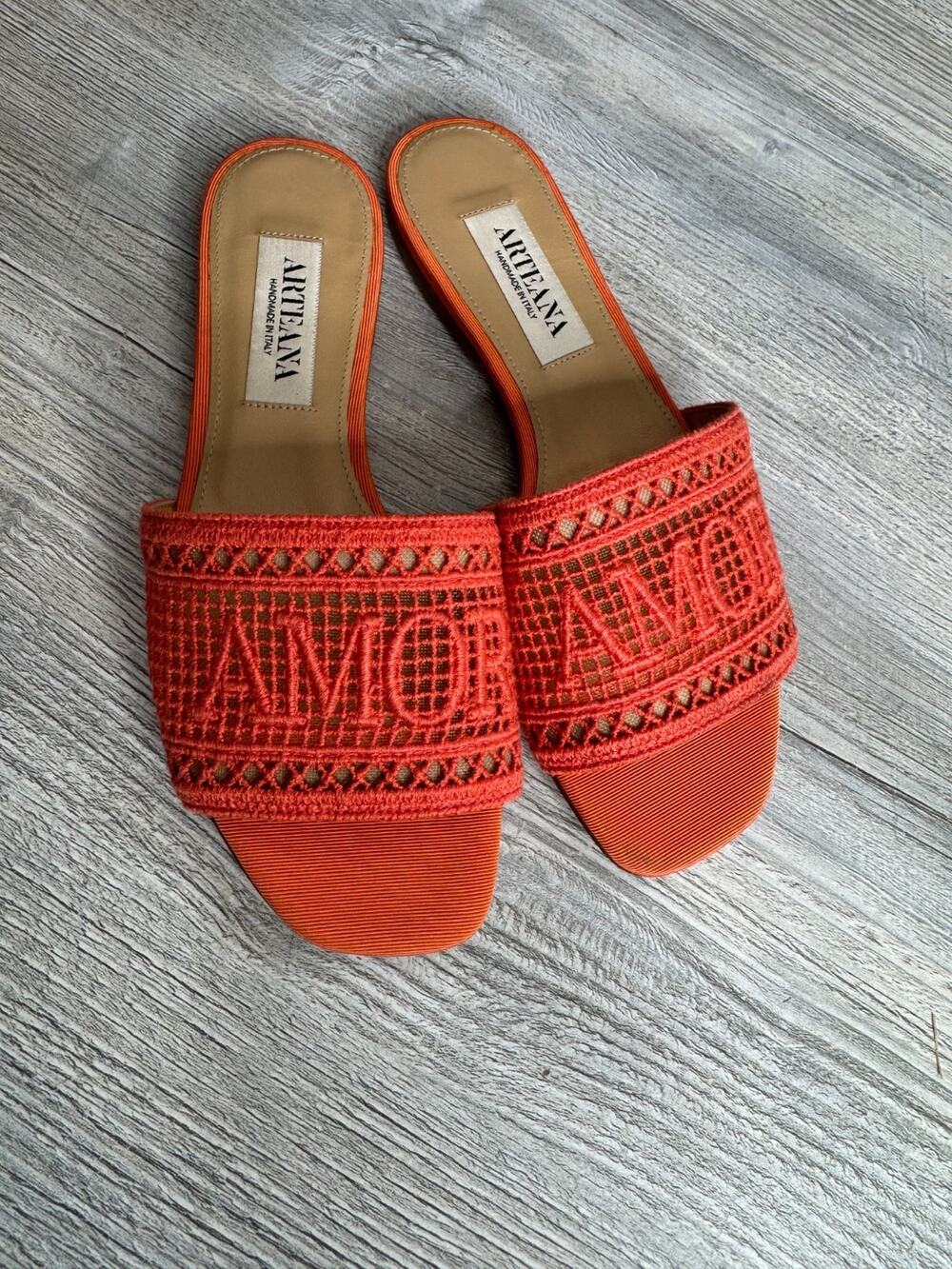 Arteana Handmade In Italy AMOR Sandals Orange Embroidered Mesh Flat Mule Sz 35